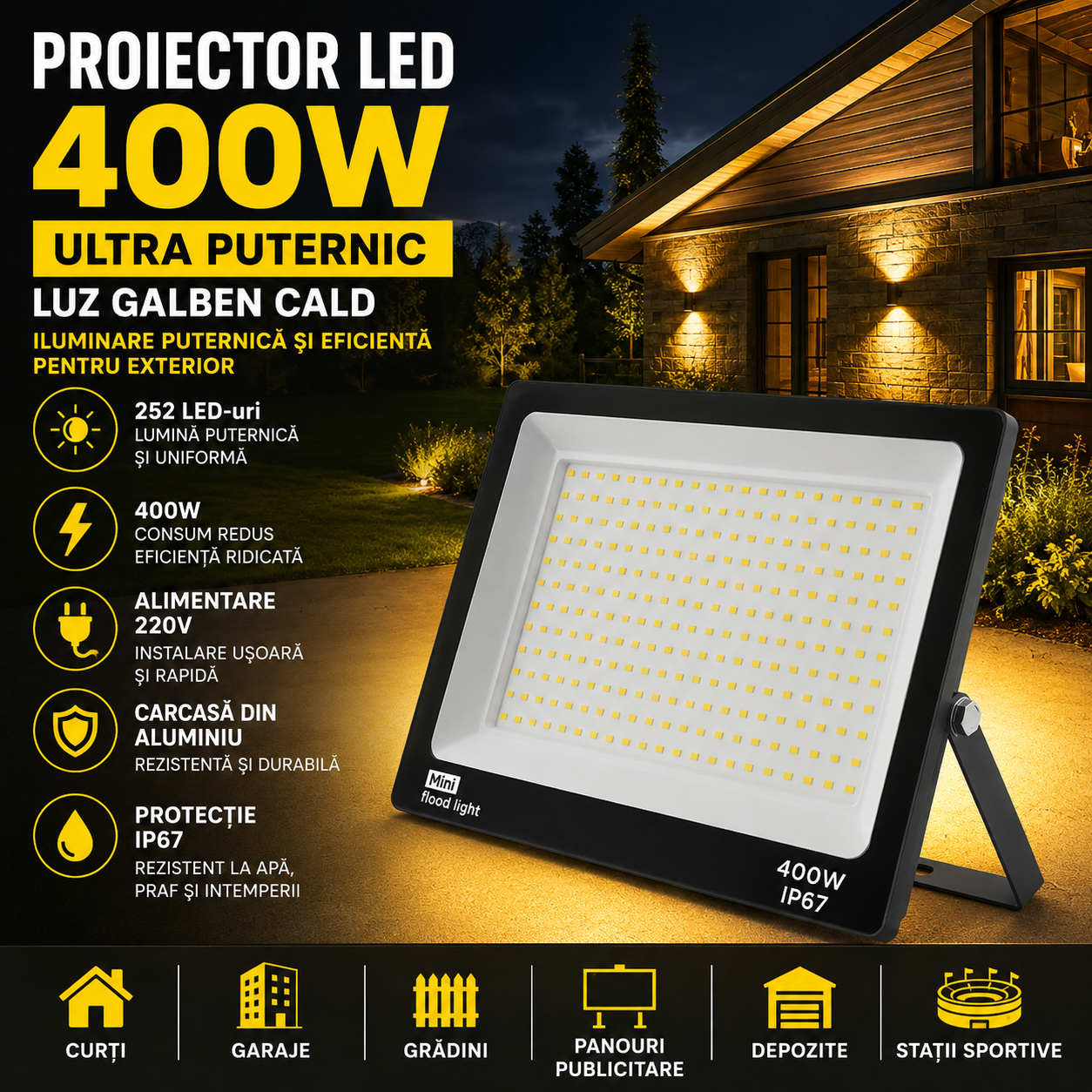 Proiector LED 400W Ultra Puternic cu 252 LED, Lumina Galben Cald, Alimentare 220V si Carcasa Rezistenta din Aluminiu pentru Iluminare Exterior