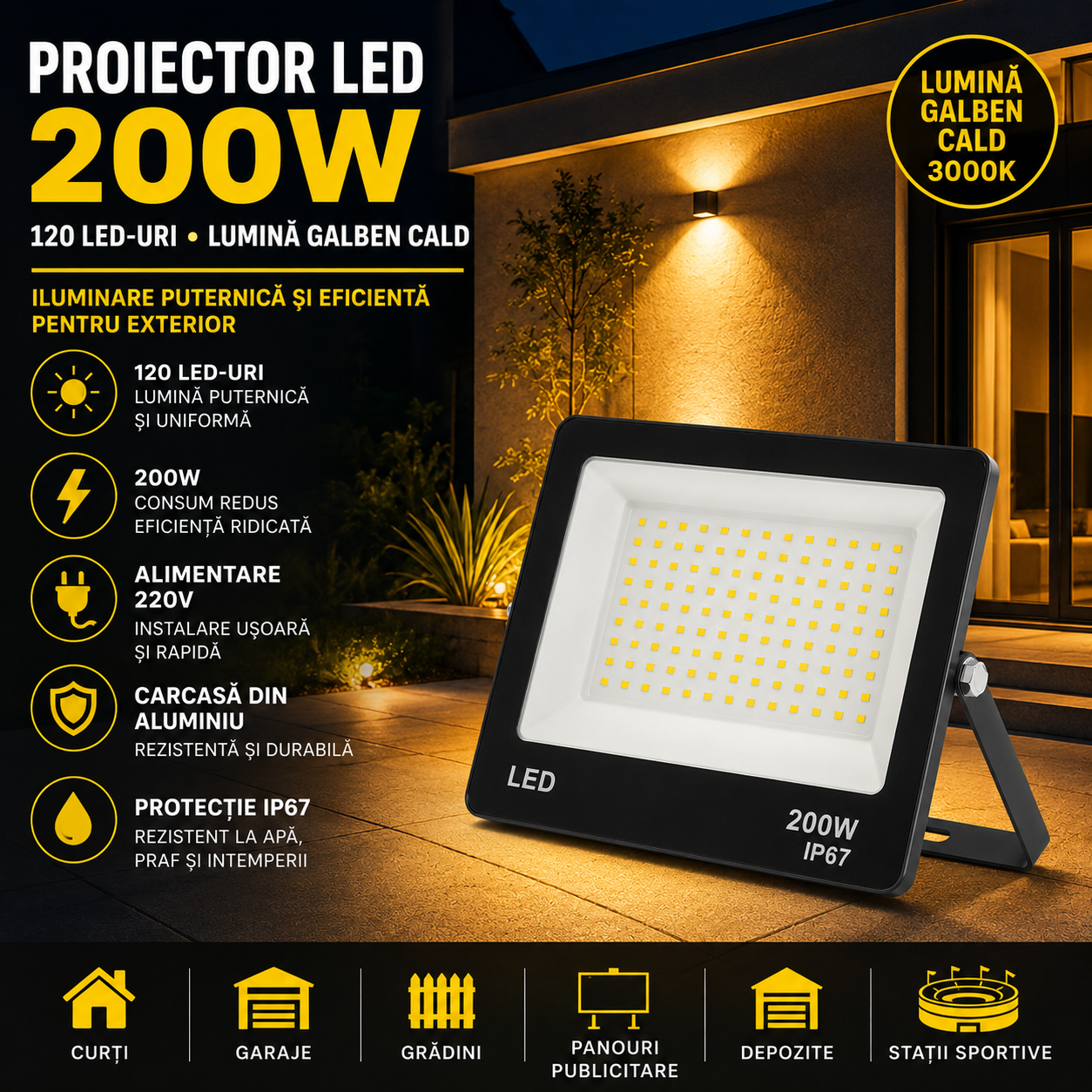 Proiector LED 200W cu 120 LED-uri, Lumina Galben Cald, Putere Mare pentru Exterior si Interior – Ideal pentru Curti, Garaje, Hala si Fatade Comerciale