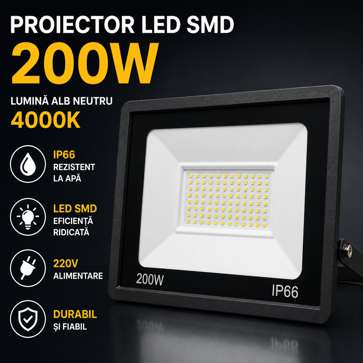 Proiector LED SMD 200W Rezistent Exterior IP66, Lumina Alb Neutru 4000K, Alimentare 220V si Carcasa Durabila din Aluminiu
