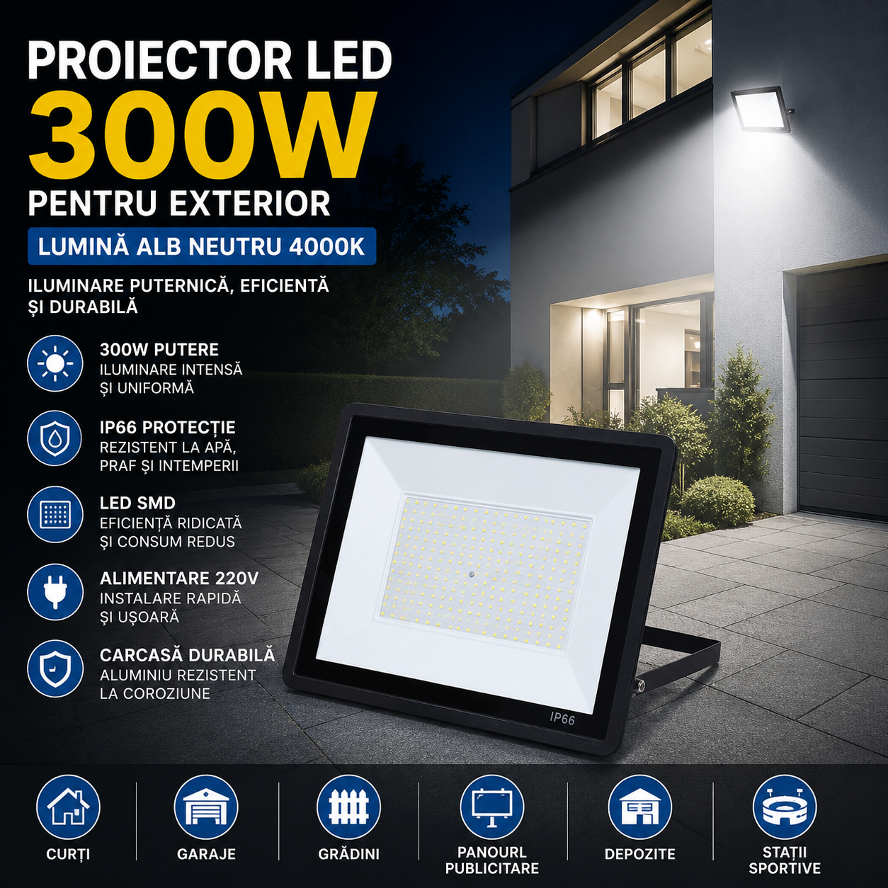 Proiector LED SMD 300W pentru Exterior, Protectie IP66, Lumina Alb Neutru 4000K, Alimentare 220V si Carcasa Rezistenta din Aluminiu