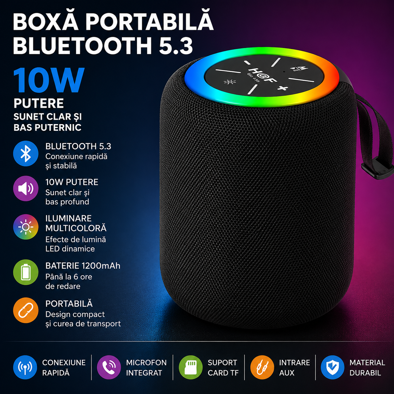 Boxa Portabila cu Bluetooth 5.3, Putere 10W, Bas Puternic, Iluminare Multicolora si Baterie 1200 mAh, Rezistenta la Stropire IPX4