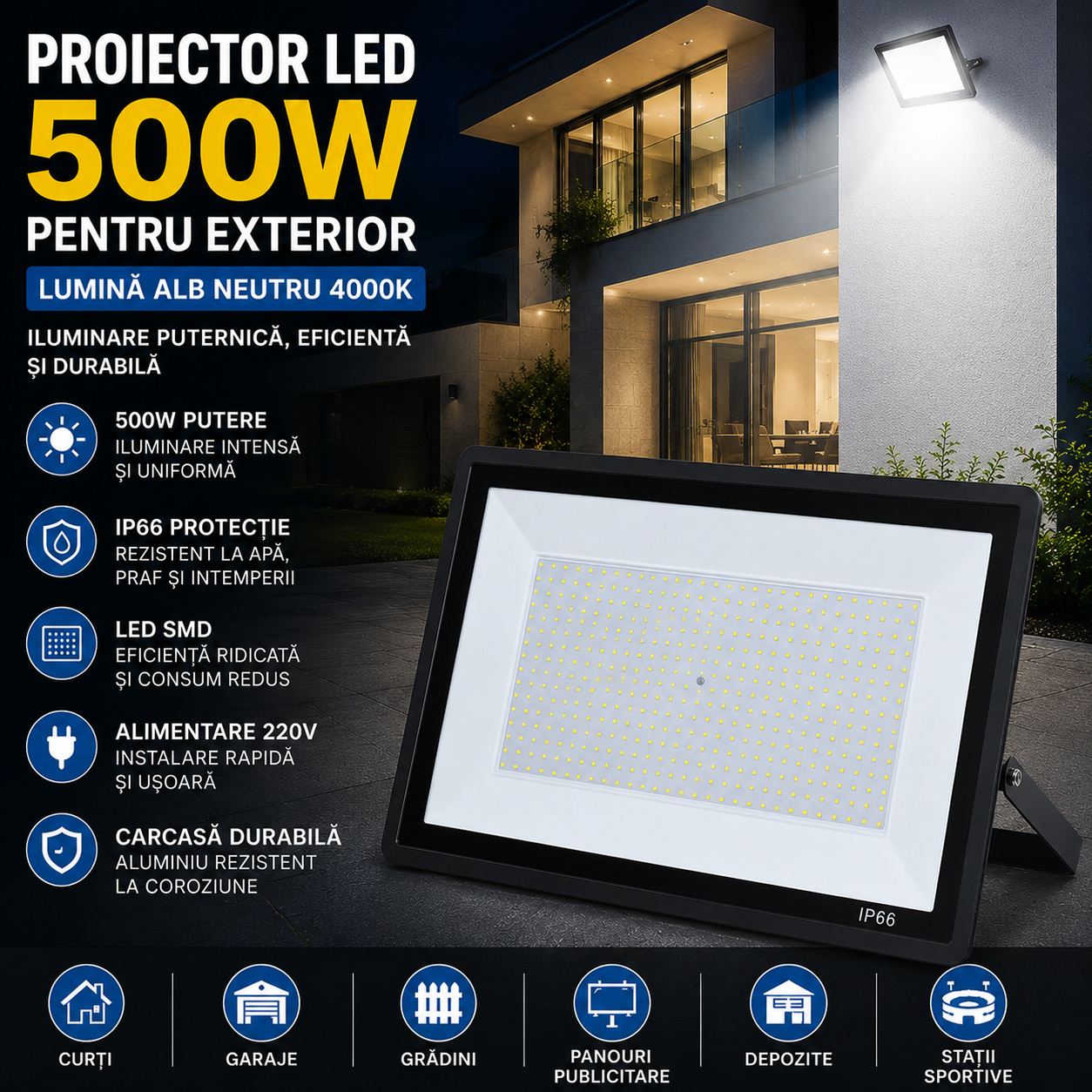 Proiector LED SMD 500W pentru Exterior, Protectie IP66, Lumina Alb Neutru 4000K, Alimentare 220V si Carcasa Rezistenta din Aluminiu