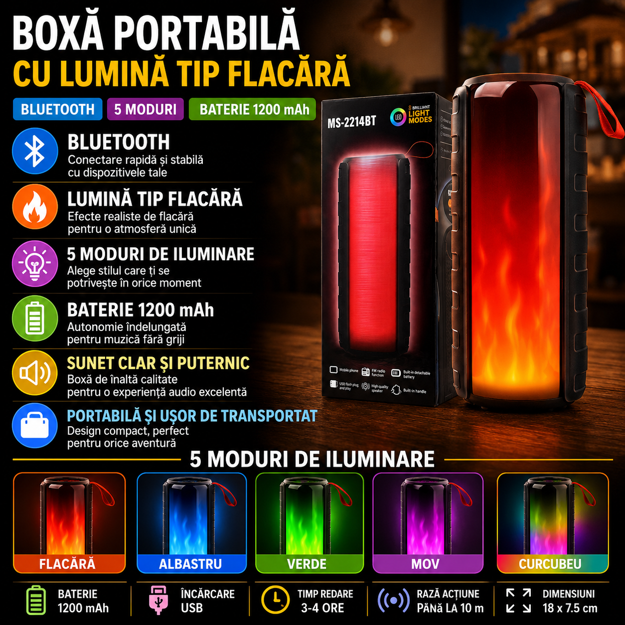 Boxa Portabila cu Lumina Tip Flacara, Bluetooth, 5 Moduri de Iluminare, Baterie 1200 mAh – Sunet Stereo si Design Compact