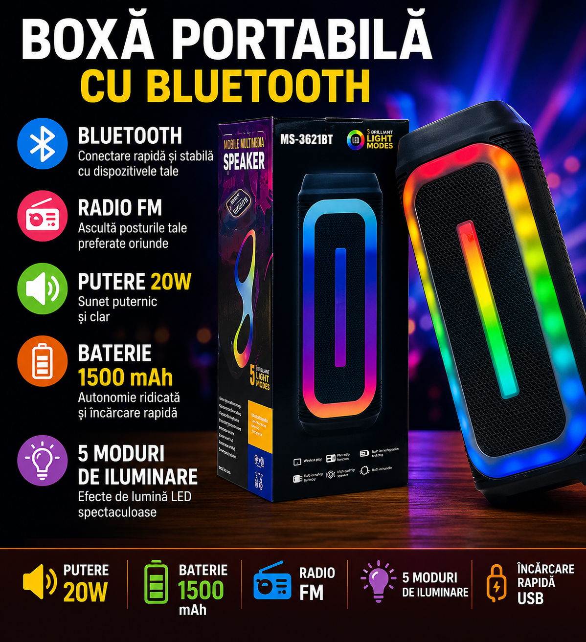 Boxa Portabila cu Bluetooth, Radio FM, Putere 20W, Baterie Reincarcabila 1500 mAh, Redare USB si Card Memorie