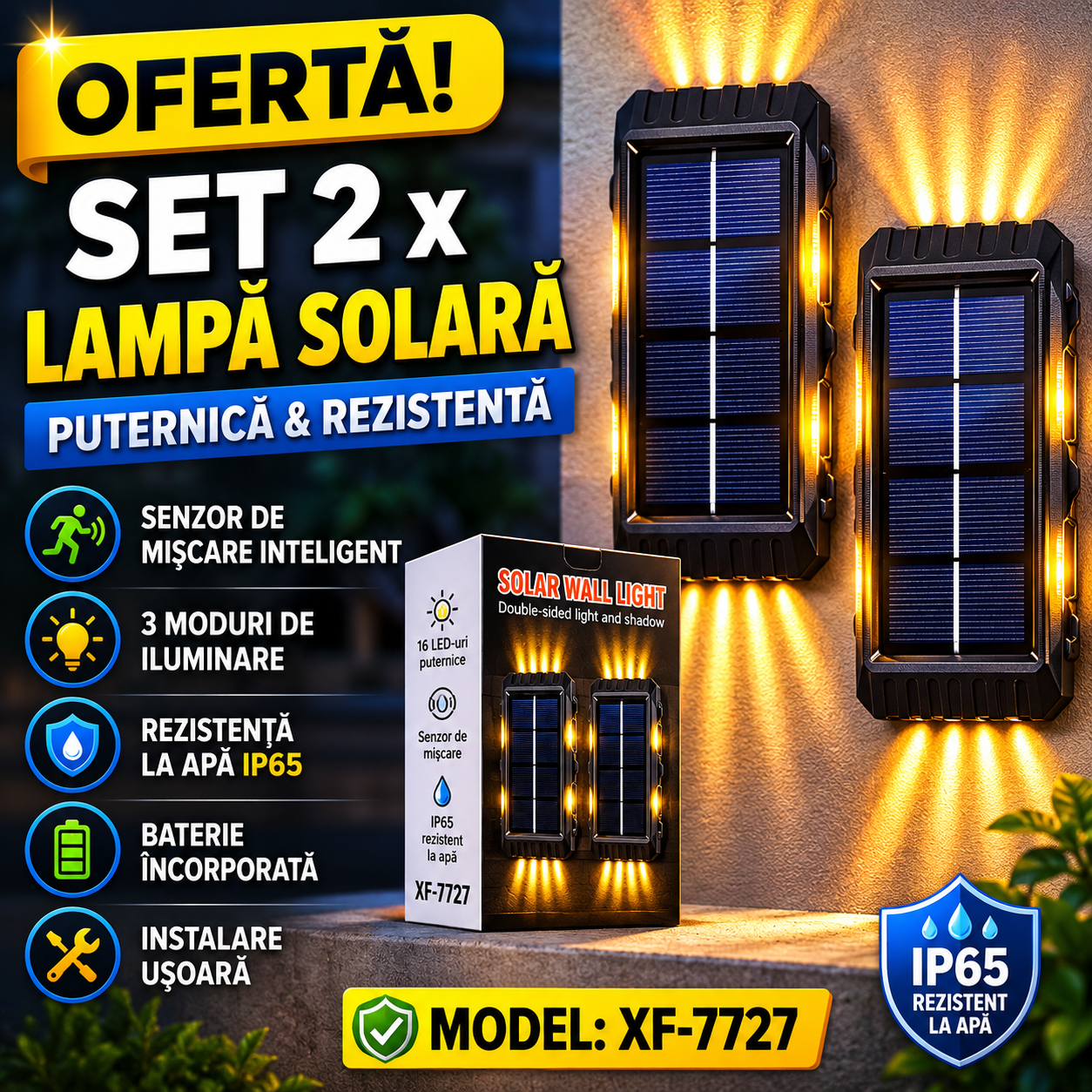 Set 2 x Lampi Solare de Perete cu 16 LED-uri, Iluminare Sus si Jos, Protectie IP65, Incarcare Automata si Baterie 2000 mAh