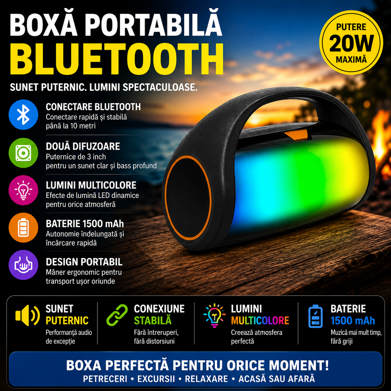 Boxa Portabila cu Conectare Bluetooth, Doua Difuzoare Puternice de 3 inch, Lumini Multicolore Decorative, Putere Audio 10-12W, Radio Integrat, Redare USB si Card de Memorie