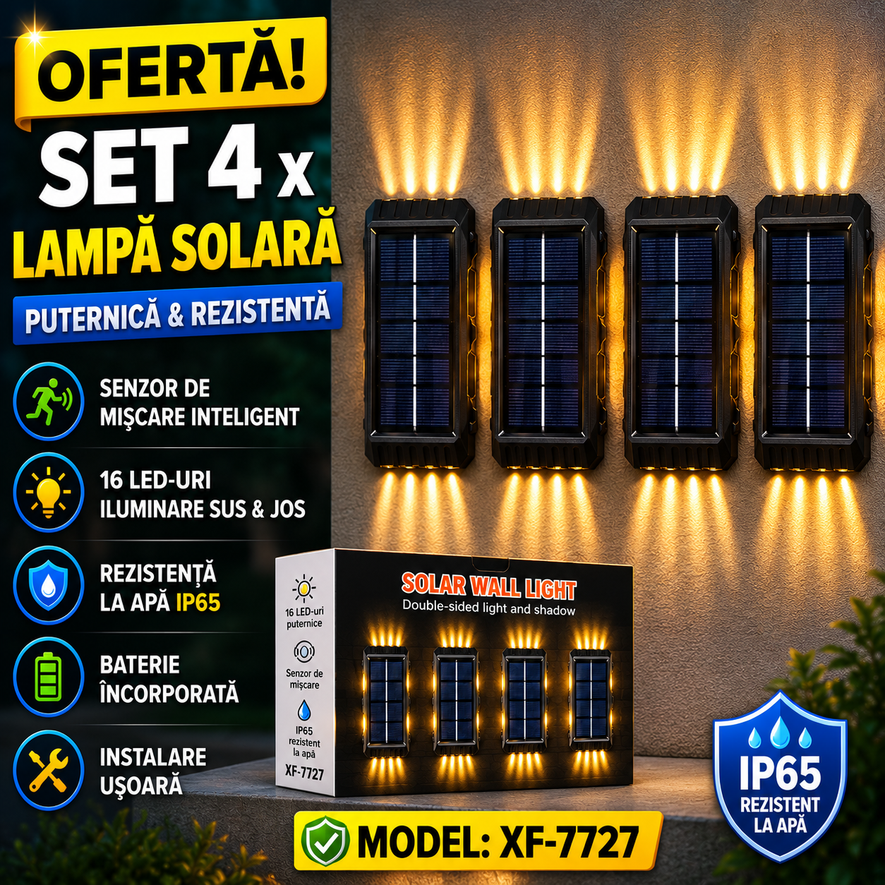 Set 4 x Lampi Solare de Perete cu 16 LED-uri, Iluminare Sus si Jos, Protectie IP65, Incarcare Automata si Baterie 2000 mAh