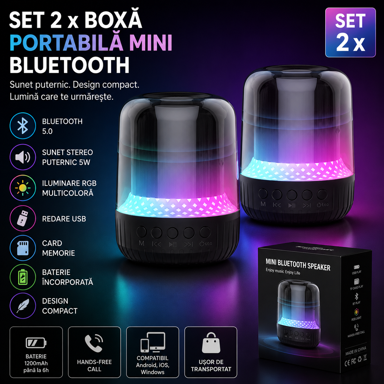Set 2 x Boxa Portabila Mini cu Bluetooth, Iluminare RGB Multicolora, Sunet Stereo Puternic 5W, Redare USB si Card Memorie, Design Compact