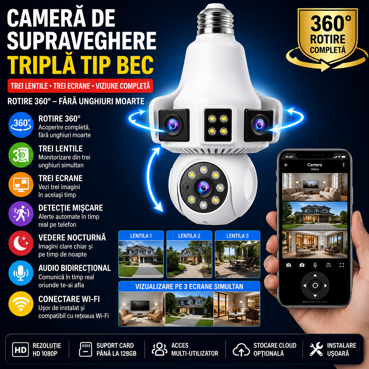 Camera de Supraveghere Tripla Tip Bec cu Trei Lentile si Trei Ecrane, Rotire 360 Grade, Conexiune WiFi, Vedere pe Timp de Noapte si Audio Bidirectional