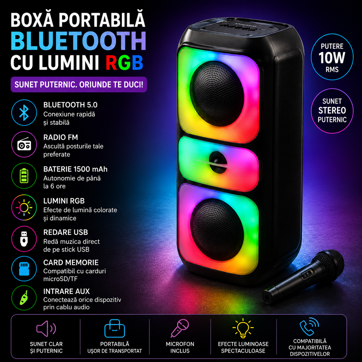 Boxa Portabila cu Bluetooth, Radio FM, Baterie 1500 mAh si Lumini RGB, Sunet Stereo Puternic