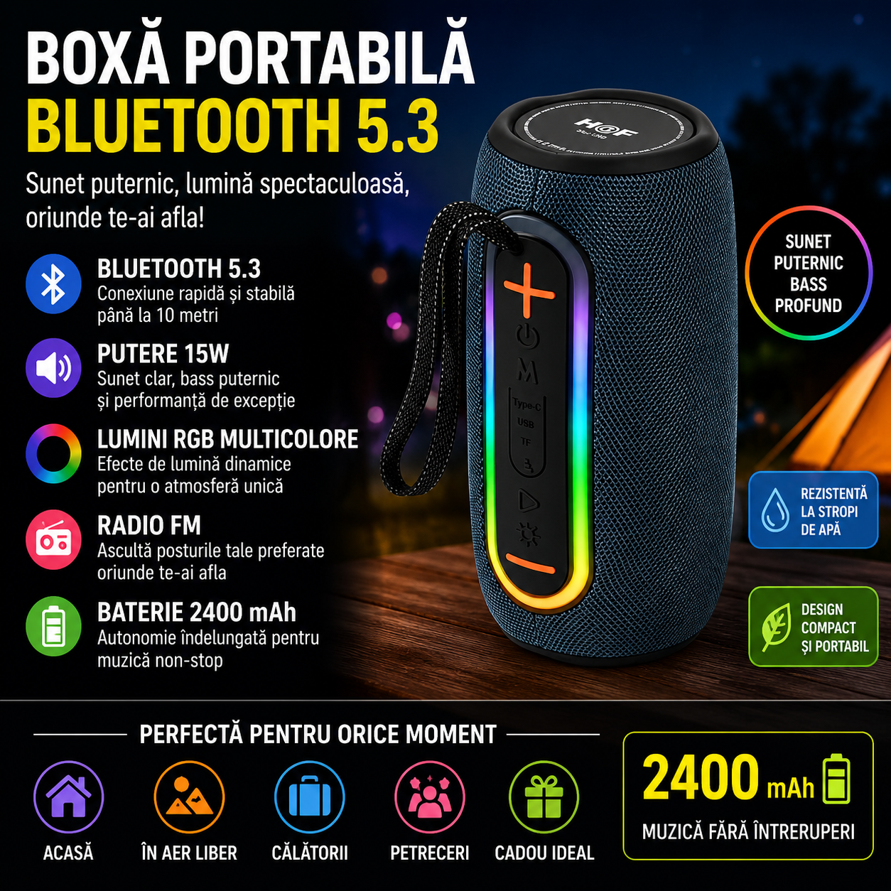 Boxa Portabila cu Bluetooth 5.3, Putere 15W, Lumini RGB Multicolore, Radio FM si Baterie 2400 mAh pentru Muzica Acasa si in Aer Liber