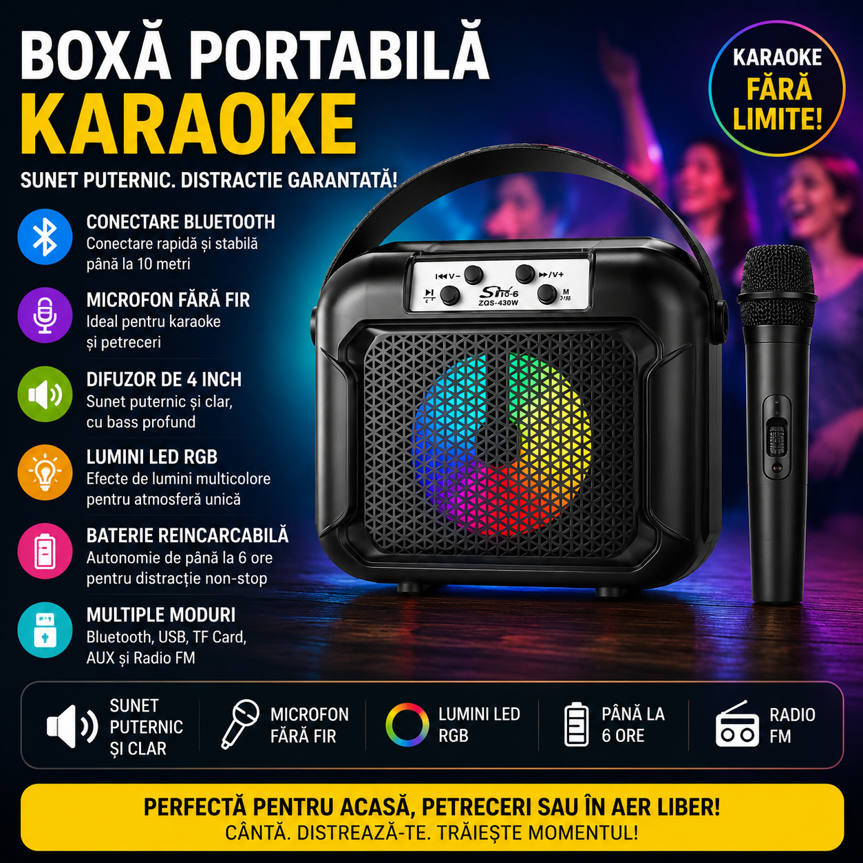 Boxa Portabila cu Conectare Bluetooth, Microfon fara Fir pentru Karaoke, Difuzor de 4 inch, Lumini Multicolore Sincronizate cu Muzica, Radio Integrat si Baterie Reincarcabila