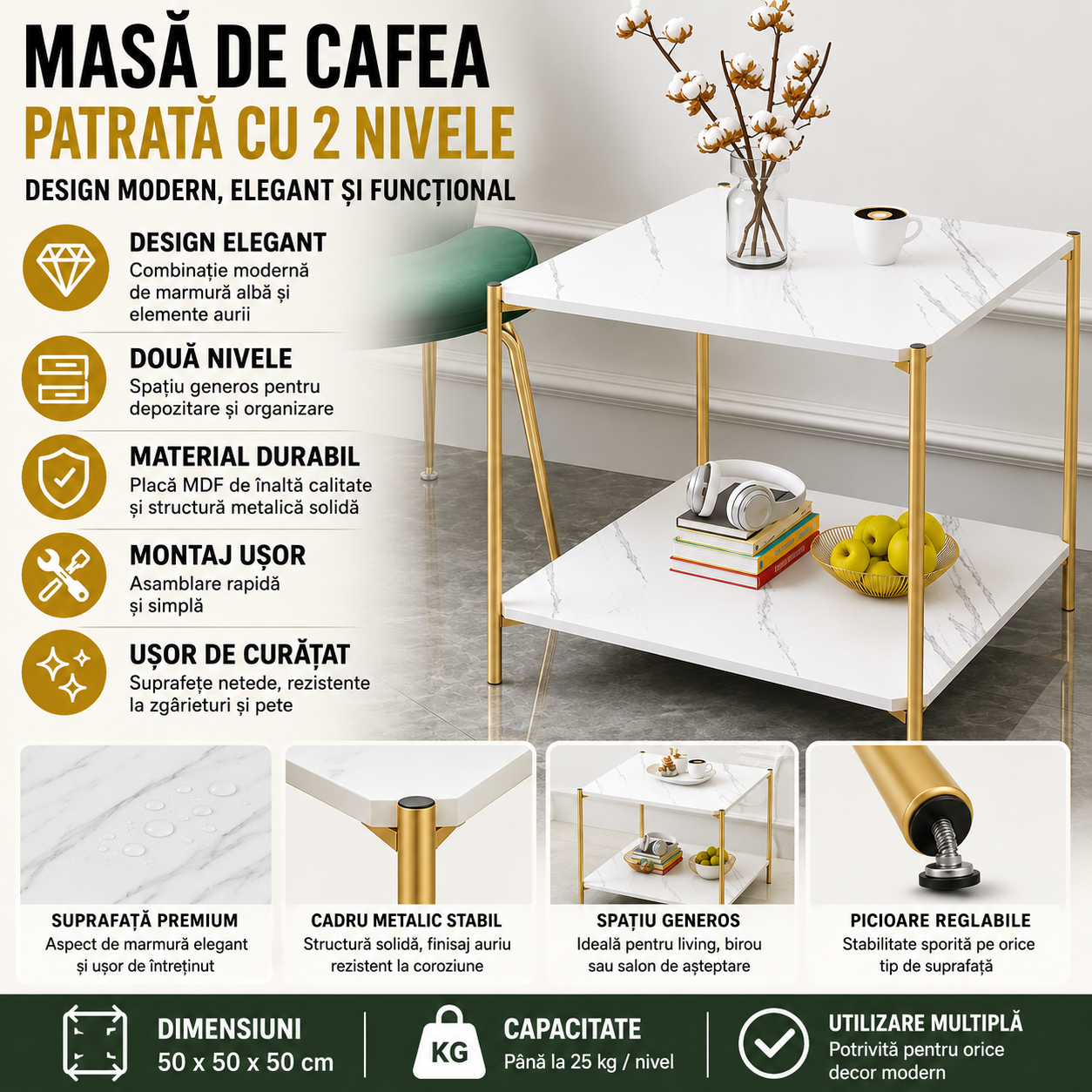 Masa de Cafea Patrata cu 2 Nivele – Design Modern, Functionalitate Maxima si Eleganta Contemporana pentru Livinguri si Spatii Multifunctionale