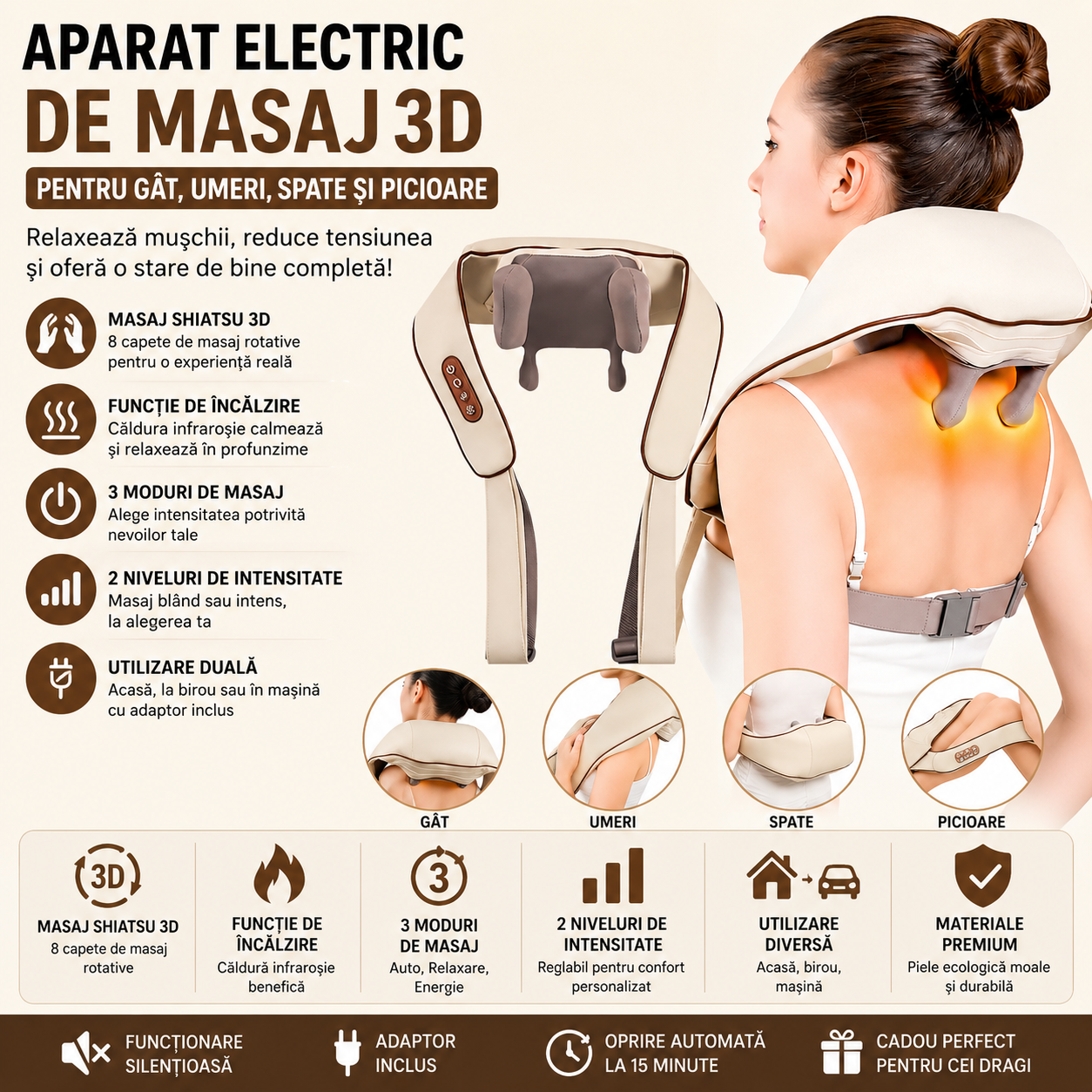 Aparat Electric de Masaj pentru Gat, Umeri, Spate si Picioare cu Masaj Shiatsu 3D, Functie de Incalzire si Intensitate Reglabila