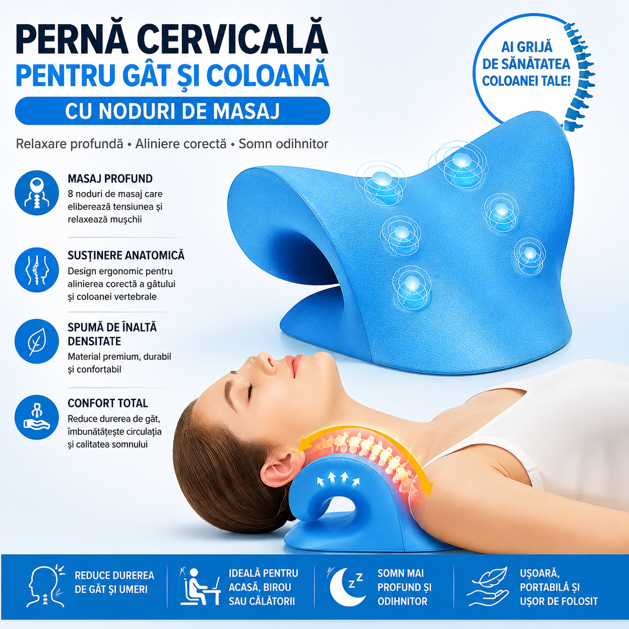 Perna Cervicala pentru Gat si Coloana cu Noduri de Masaj, Spuma de Inalta Densitate si Design Ergonomic pentru Tractiune Cervicala si Relaxare Musculara