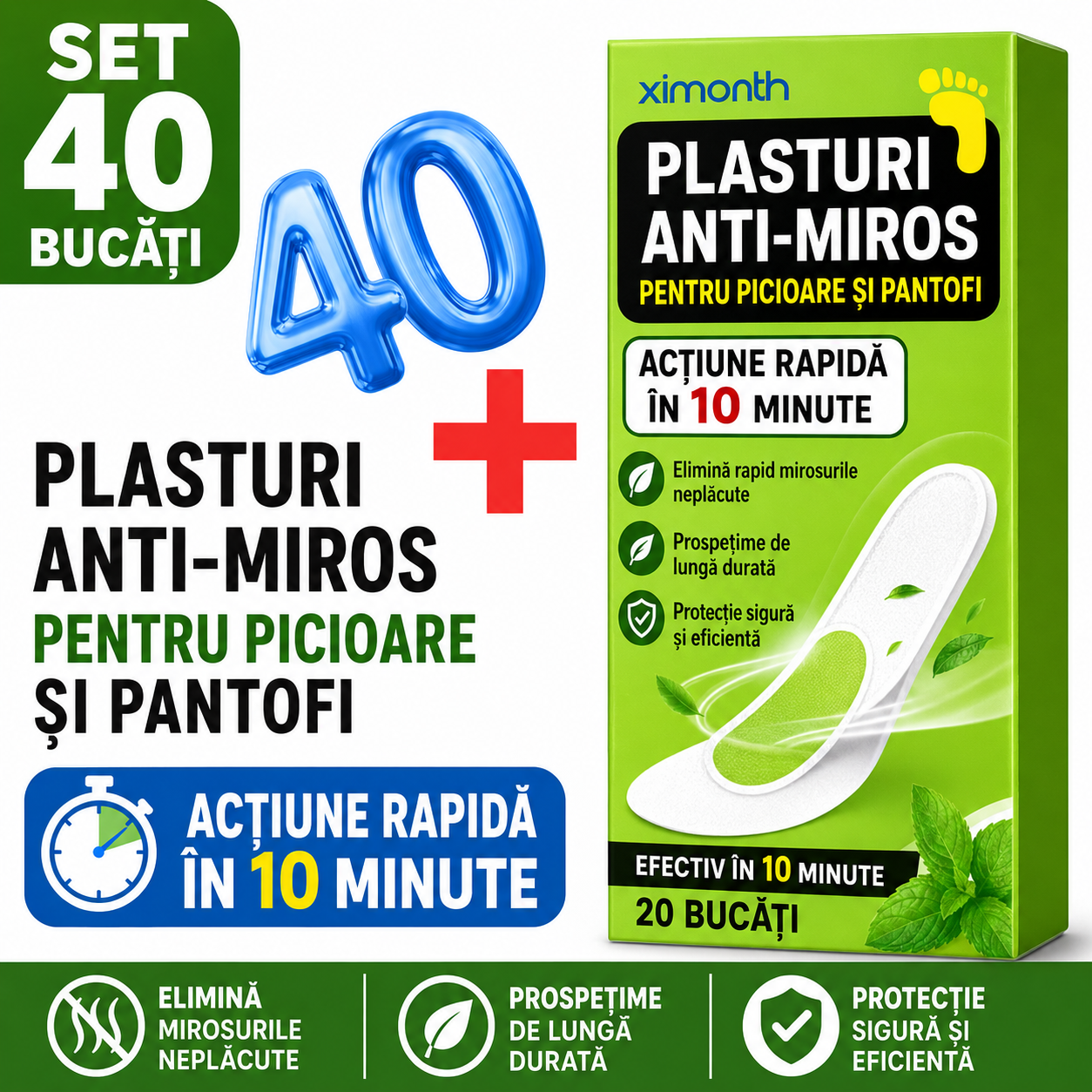 Set 40 x Plasturi Anti-Miros pentru Picioare si Pantofi, Actiune Rapida in 10 Minute si Efect de Prospetime de Lunga Durata