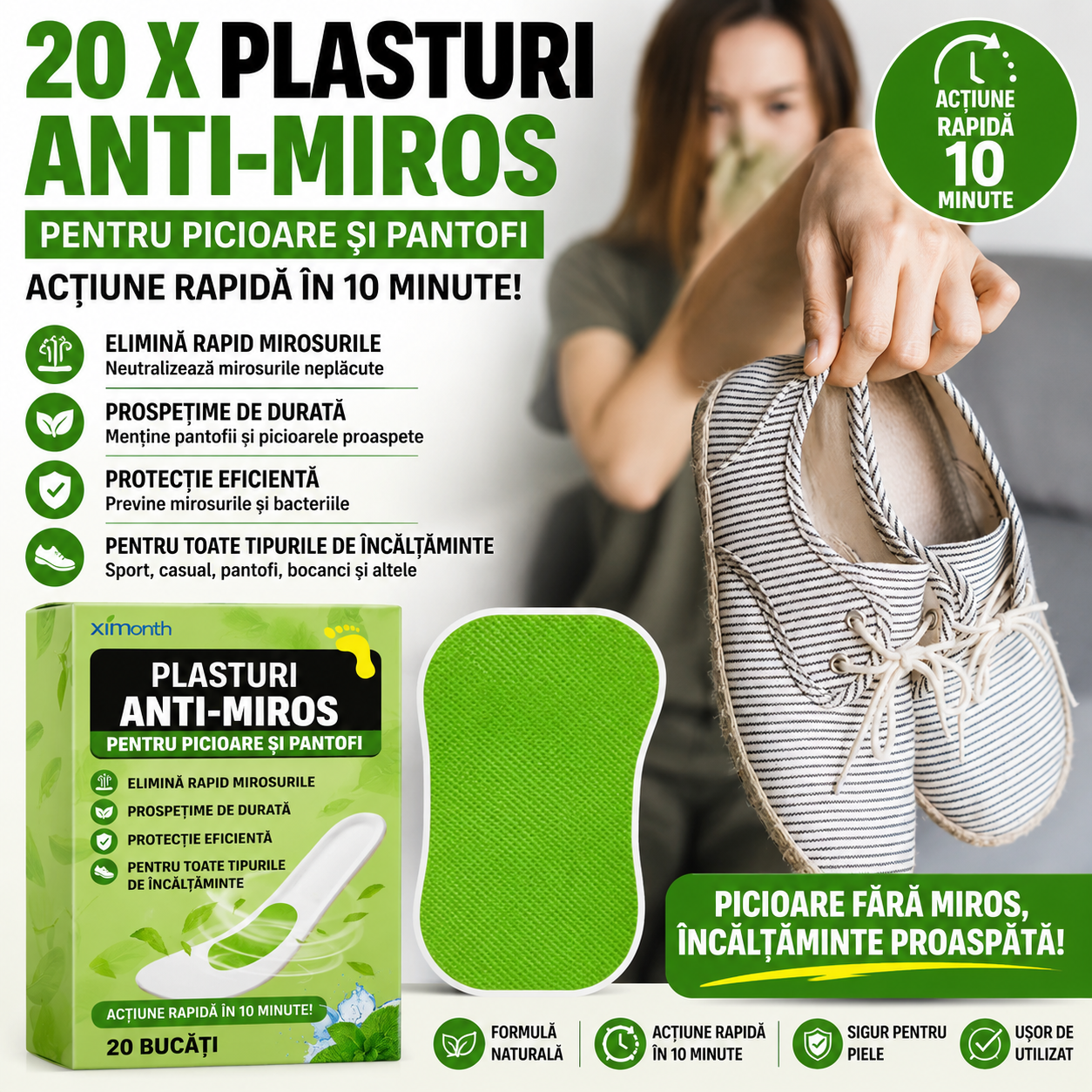 Set 20 x Plasturi Anti-Miros pentru Picioare si Pantofi, Actiune Rapida in 10 Minute si Efect de Prospetime de Lunga Durata