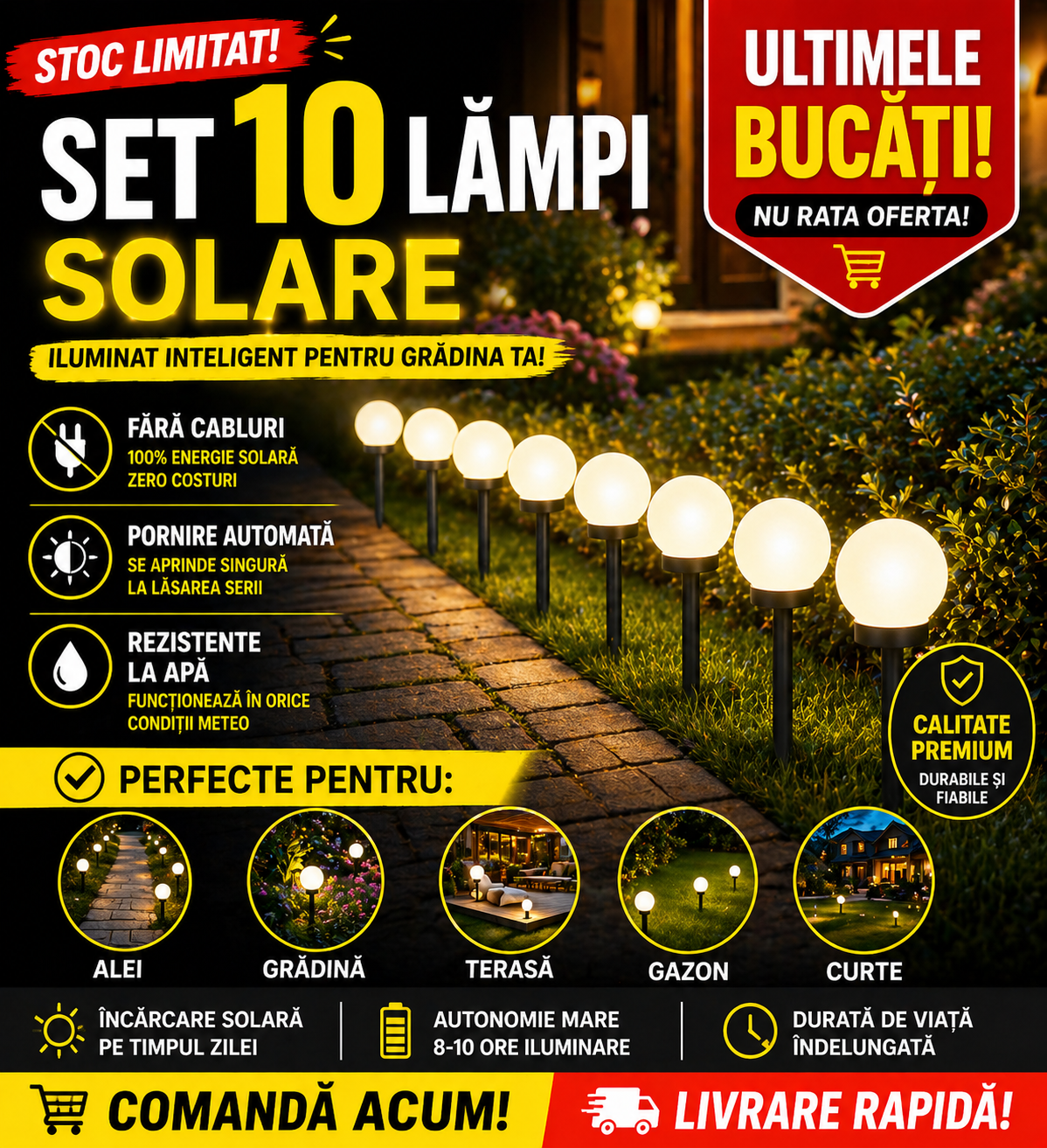 Set 10 x Lampa Solara Gradina Glob, Rezistenta IP44, Iluminare Ambientala Exterior, Ideala pentru Alei, Curte si Gradina