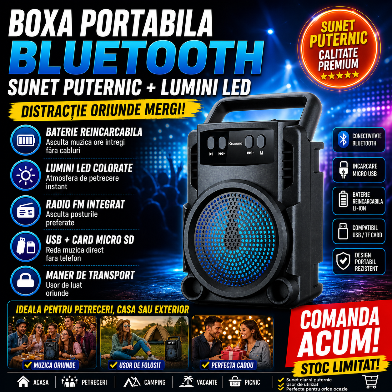 Boxa portabila GTS 1360 cu lumini LED multicolore, radio FM, redare muzica prin Bluetooth, USB, card de memorie, cu maner de transport si baterie reincarcabila