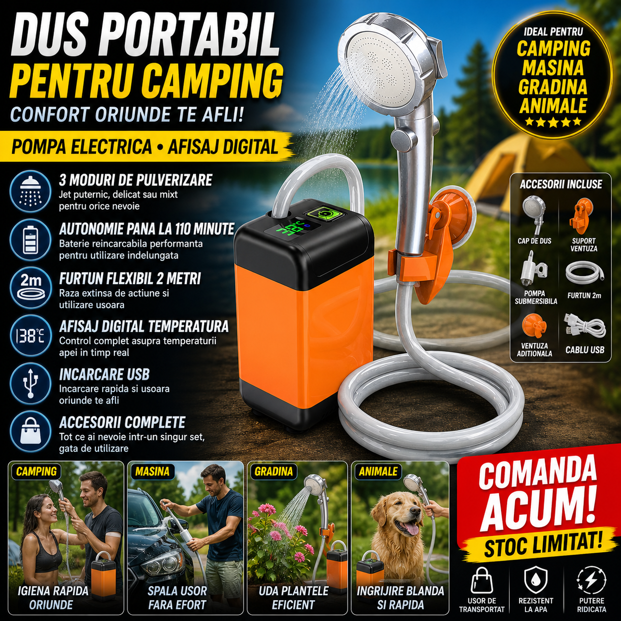 Dus Portabil pentru Camping cu Pompa Electrica si Afisaj Digital, 3 Moduri de Pulverizare, Autonomie Pana La 110 Minute, Furtun 2 m si Accesorii Complete