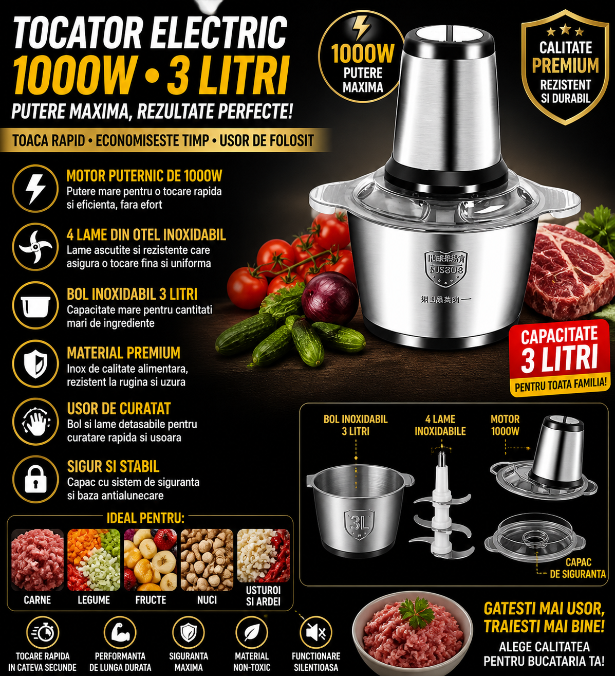 Tocator Electric cu Vas din Inox, Capacitate 3L, Putere 1000W