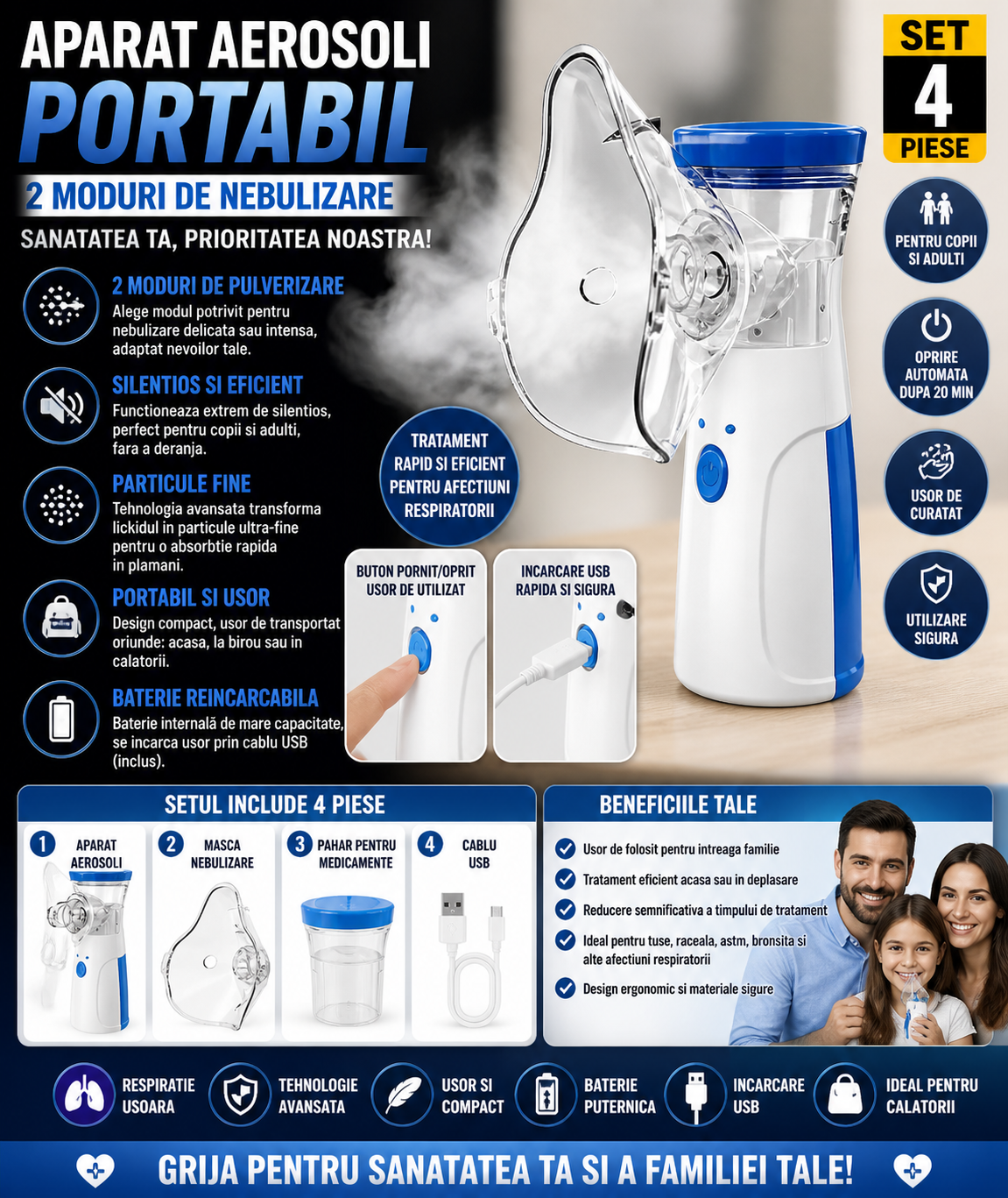 Aparat Pentru Aerosoli, Portabil Si Silentios, Alimentare USB Sau Baterii, Masti Adult Si Copil Incluse