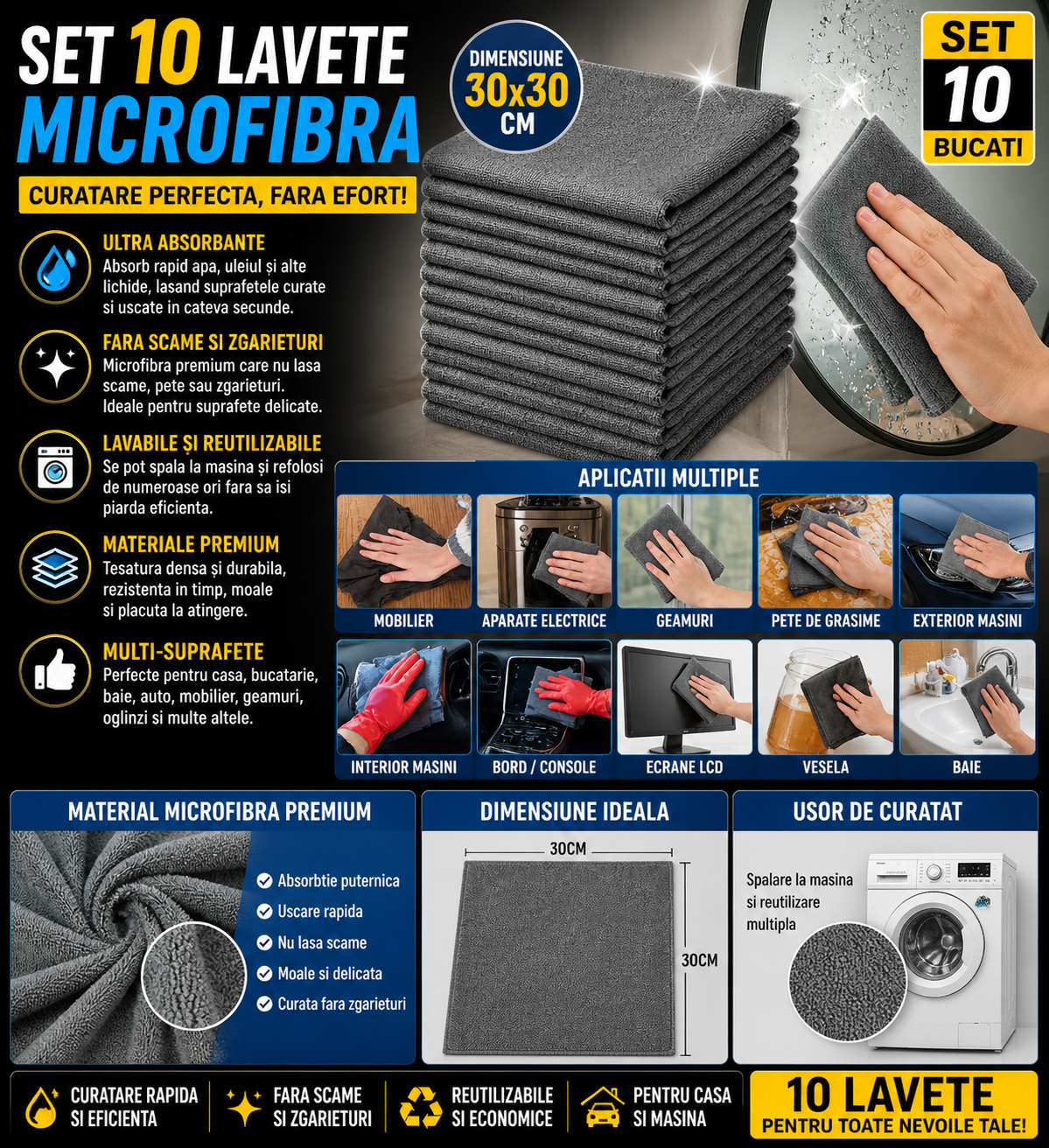 Set 10 x Lavete Microfibra, Curatare Fara Scame Si Zgarieturi, Absorbtie Ridicata, Reutilizabile Pentru Toate Suprafetele, 30x30 cm, Gri