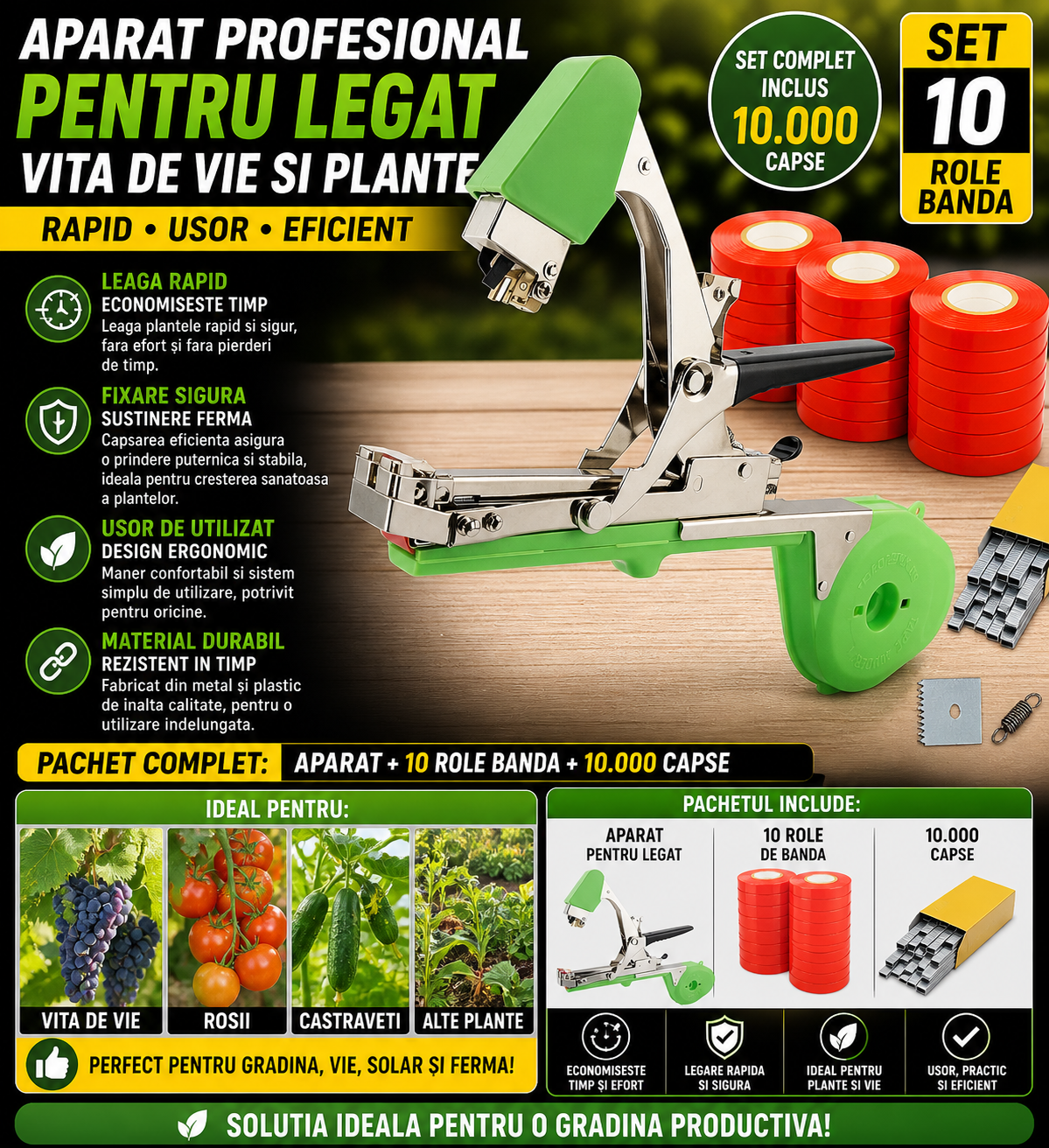 Aparat pentru legat vita de vie + 10 role de banda + 10.000 capse