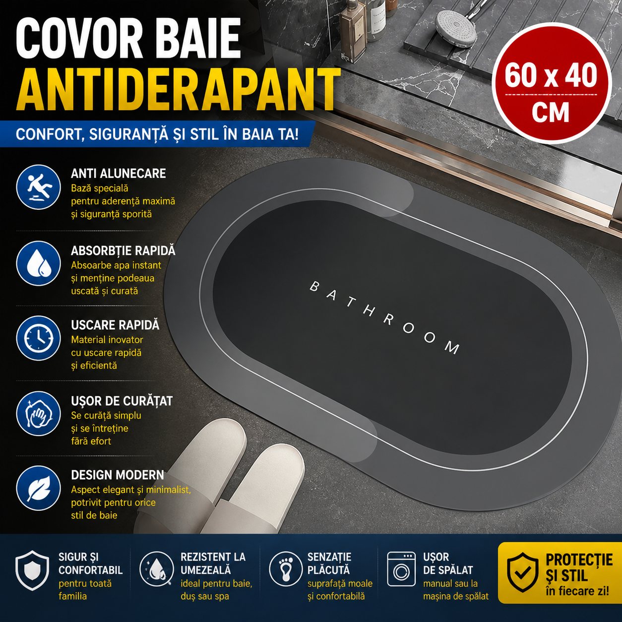 Covoras de Baie, Antiderapant, Uscare Rapida, Model Oval, 60 cm x 40 cm