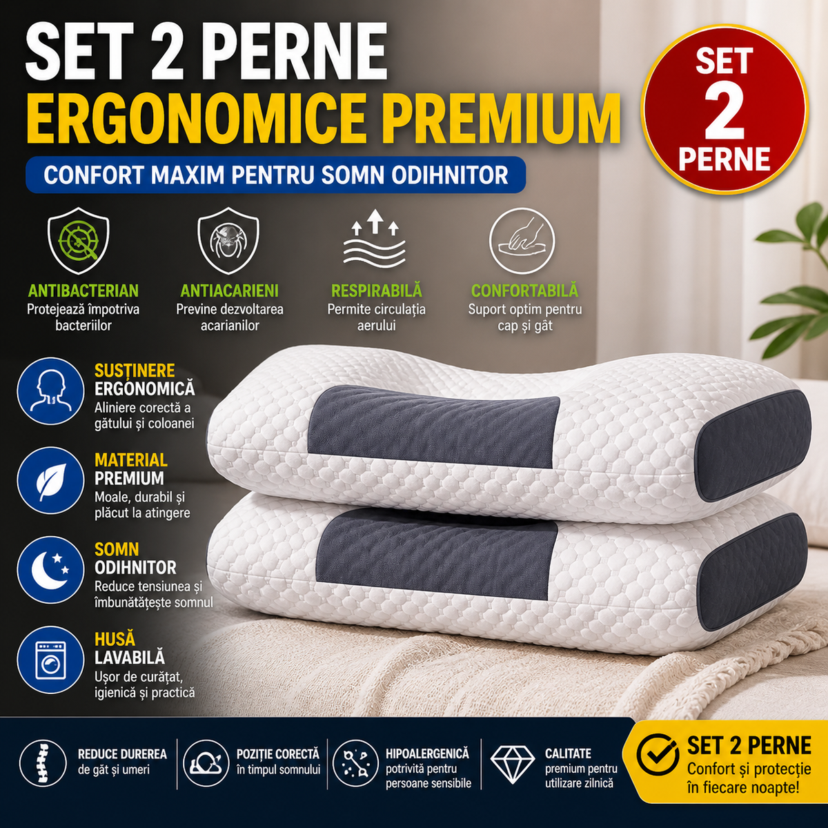 Set 2 Perne Tricotate din Bumbac cu Protectie Cervicala pentru Gat, Ortopedice, Confortabile BAS