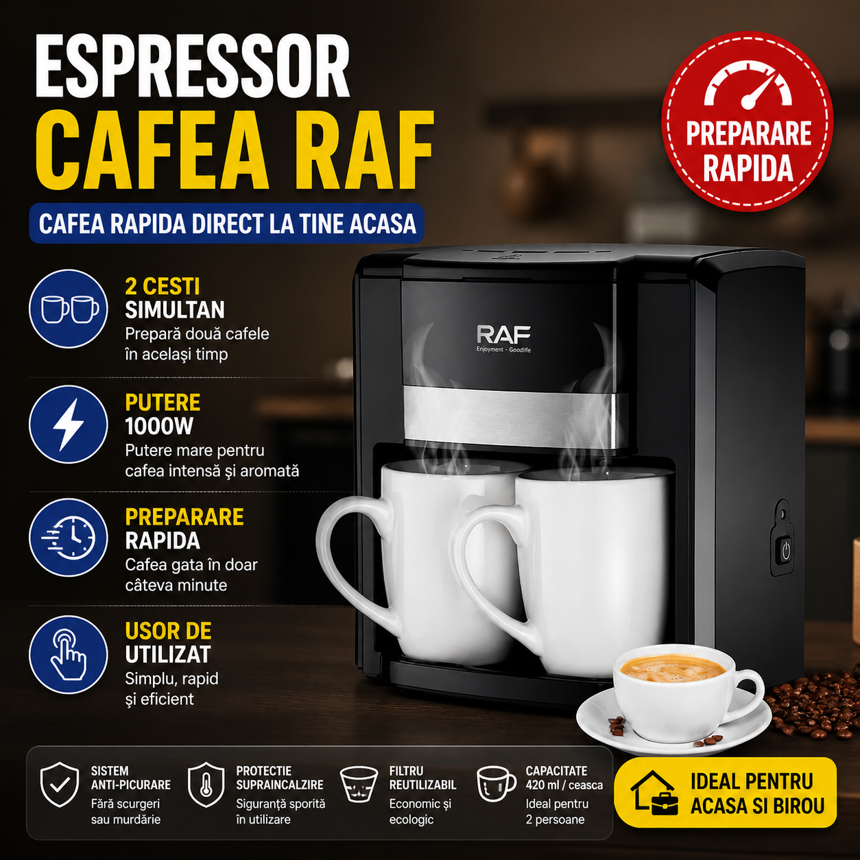 Aparat pentru Preparat Cafea cu Doua Cani Incluse Coffe Maker