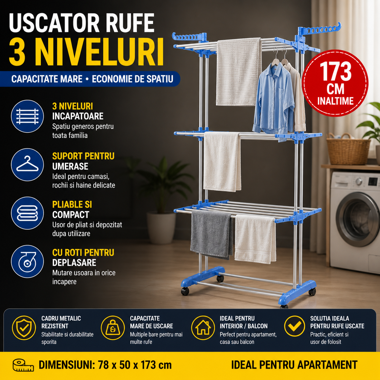 Uscator Profesional Pentru Rufe, Mobil si Pliabil, cu 3 Nivele de Uscare