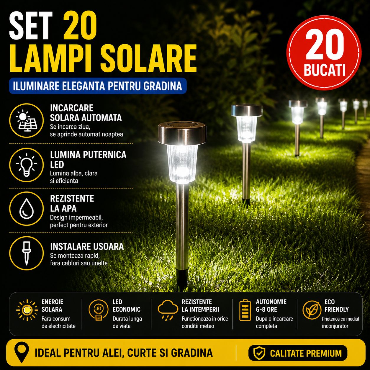 Set 20 x Lampa Solara De Gradina Inox , Tip Tarus