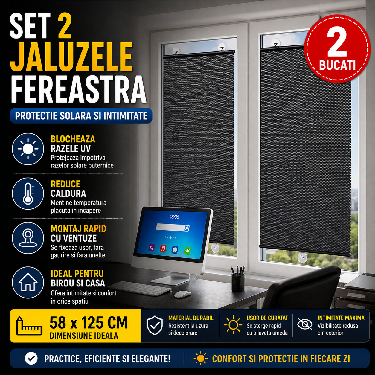 Set 2 x Jaluzea cu Ventuza 58 x 125 cm