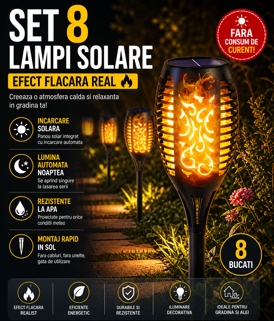 Set 8 x Lampa solara tip torta cu efect flacara 51.5 cm