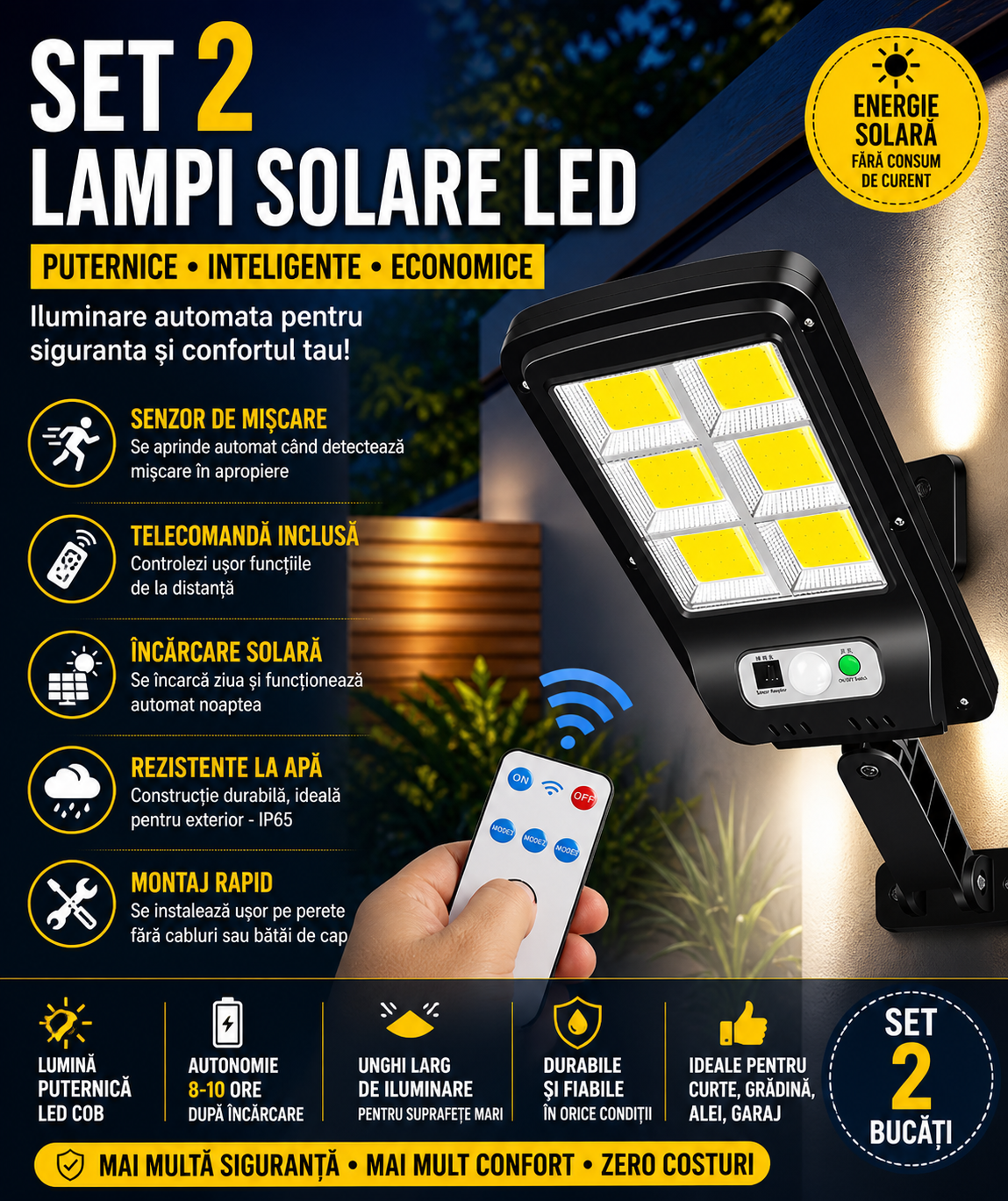 2 X Proiector solar 6 celule,120 LED-uri COB ,cu senzor de miscare, sistem prindere inclus