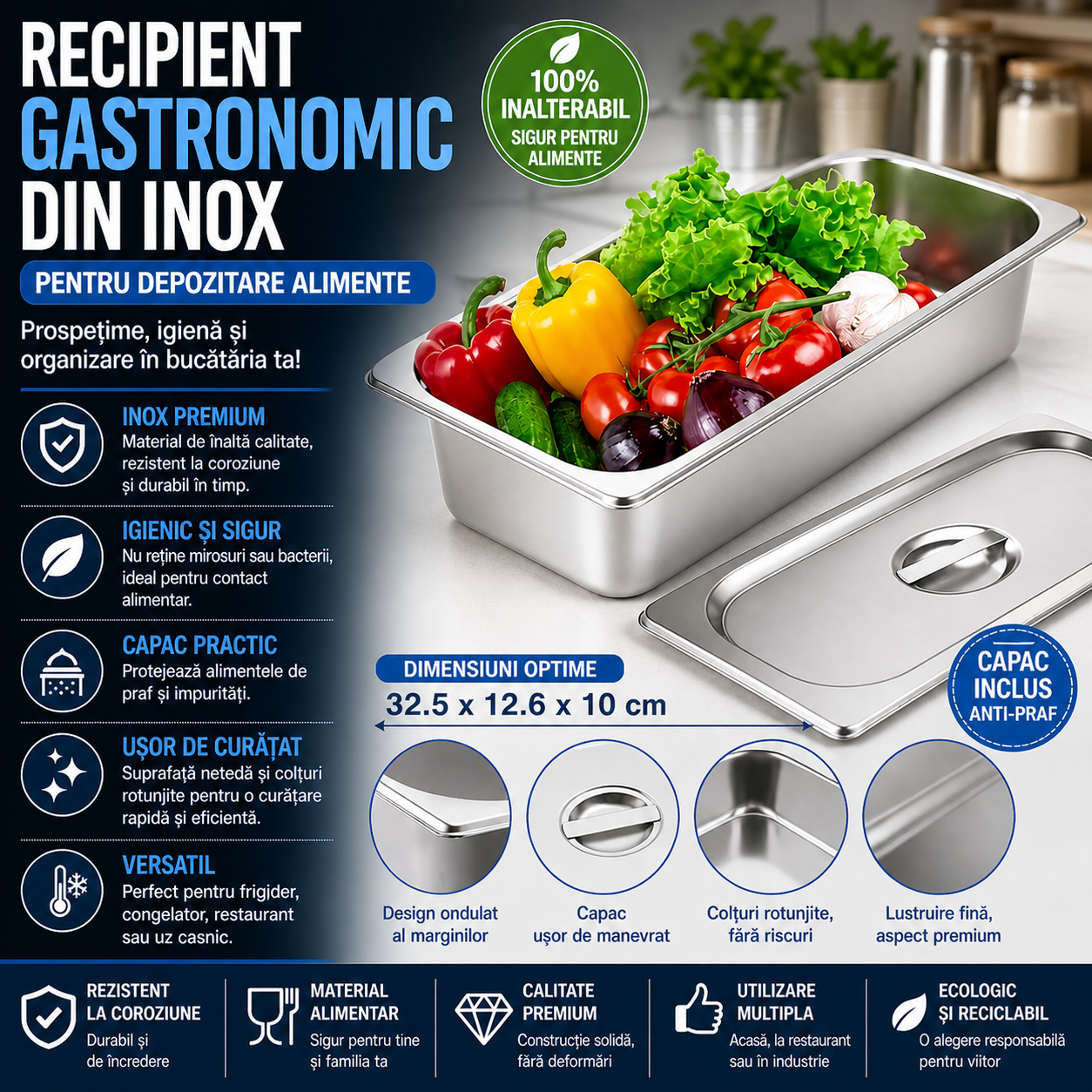 Tava Inox pentru Mentinerea Alimentelor Calde cu Capac, Design Compact Profesional pentru Bufet si Servire 32.5 x 12.6 x 10 cm