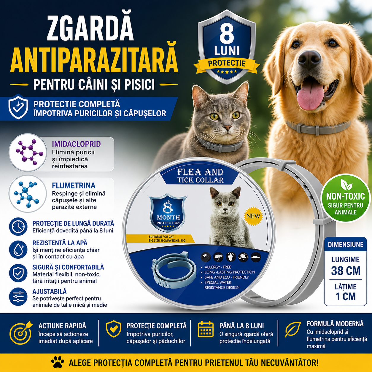 Zgarda antiparazitara, pentru purici si capuse, protectie pana la 8 luni pentru animale
