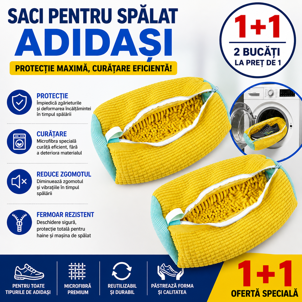 Set 2 x Saci pentru Spalat Incaltamintea la Masina, cu Fermoar Rezistent si Fibra Moale de Protectie 39x19 cm