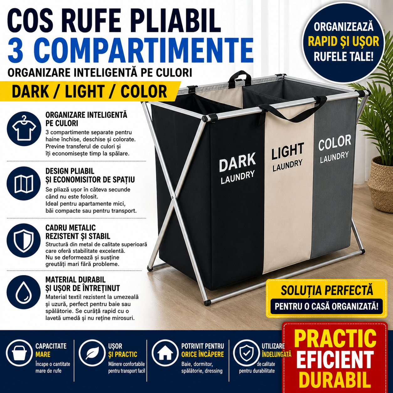 Cos Rufe cu 3 Compartimente 95L Pliabil Metalic