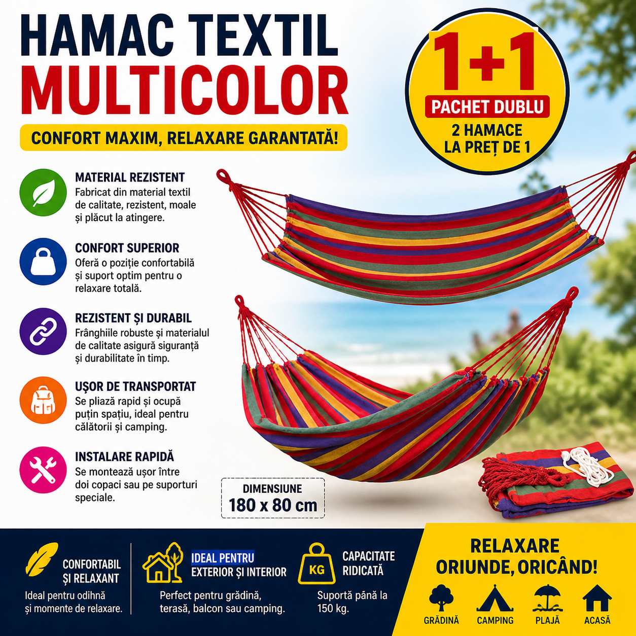 Set 2 Hamace Multicolore din Bumbac, 180x80 cm