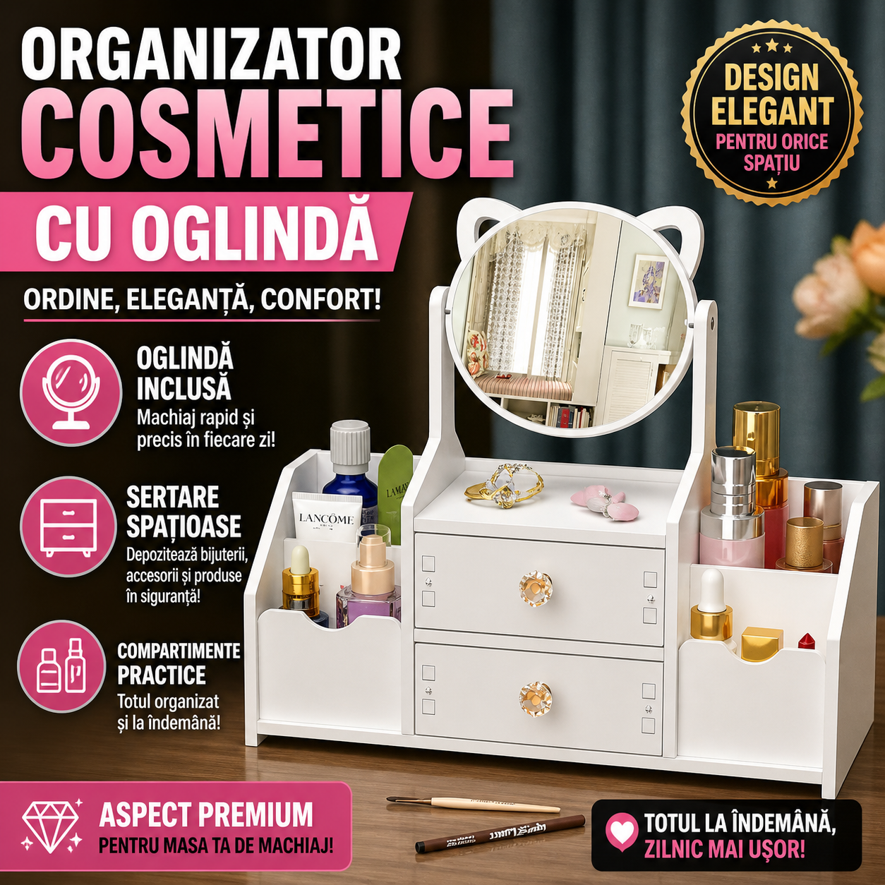 Lichidare de Stoc! Raft Organizator pentru Produse Cosmetice, Model Oglinda, 40 x 20 cm