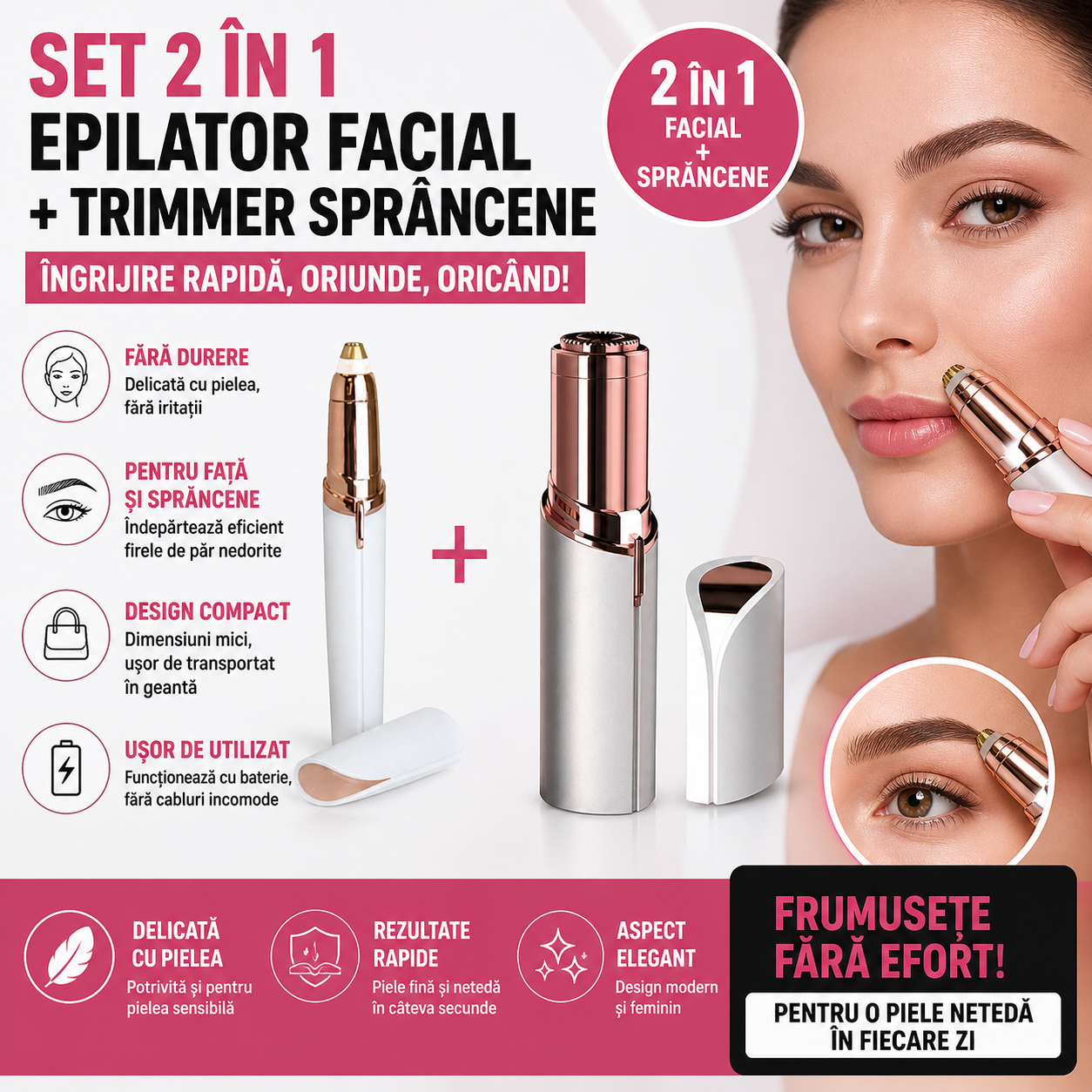 Set epilator facial + trimmer pentru sprancene