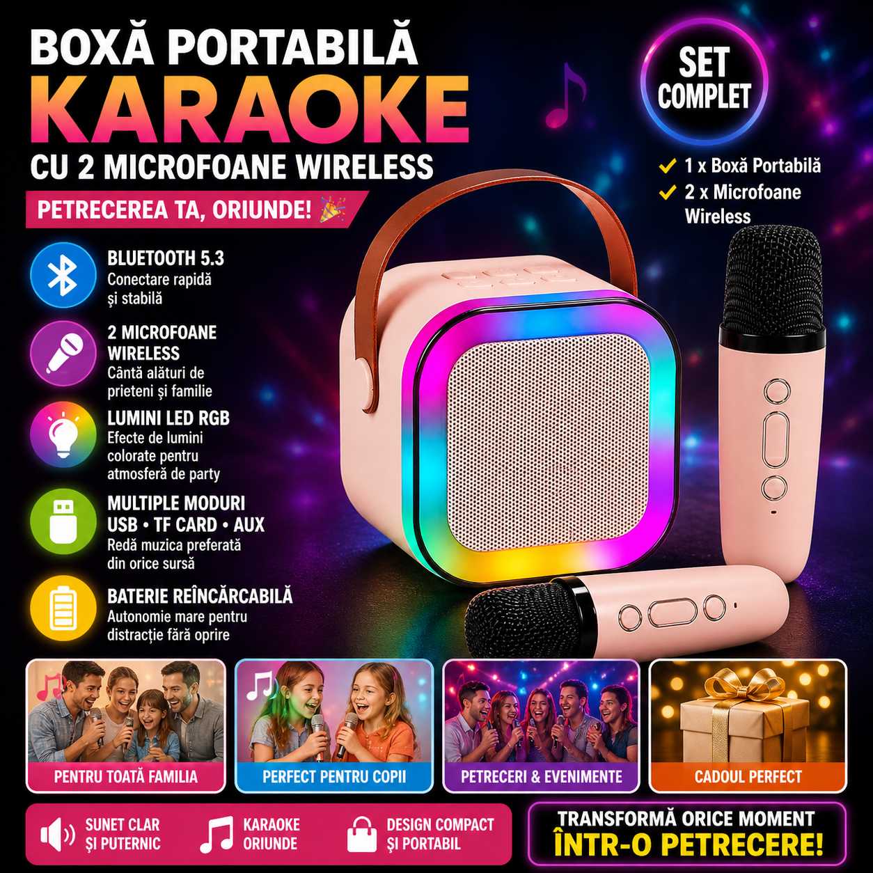 Set Karaoke cu 2 Microfoane, Boxa Portabila Bluetooth USB, Iluminare RGB cu 5 Moduri, Baterie Reincarcabila, 6 W RAE