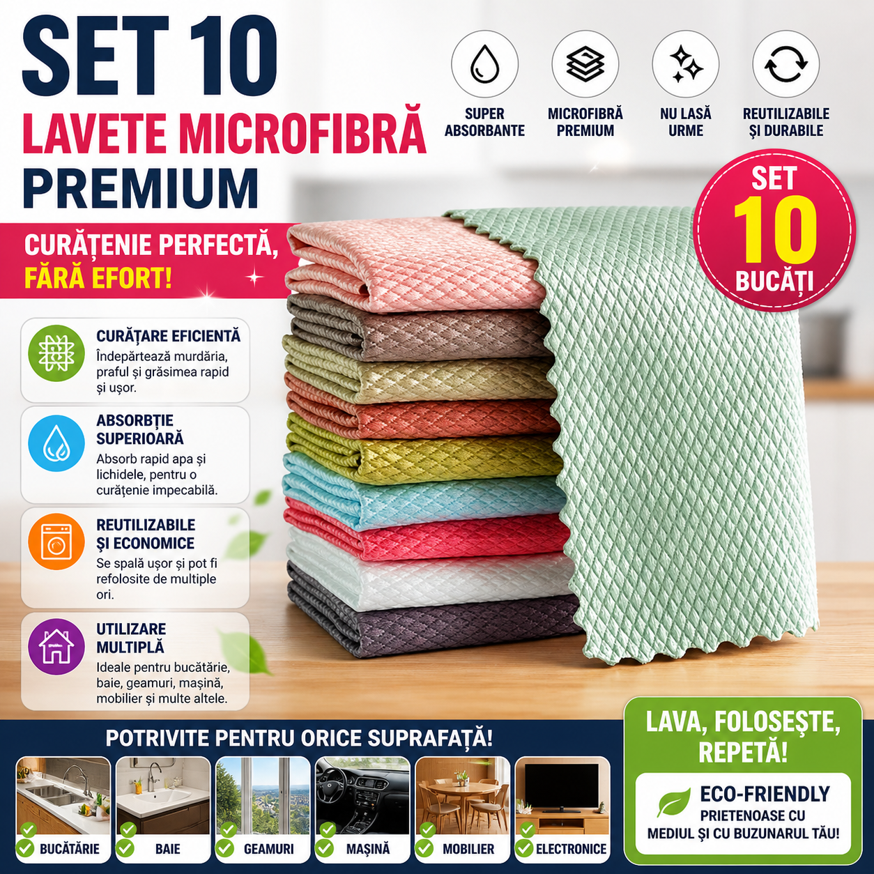 Set 10 x Laveta Microfibra Profesionala - Super Absorbanta