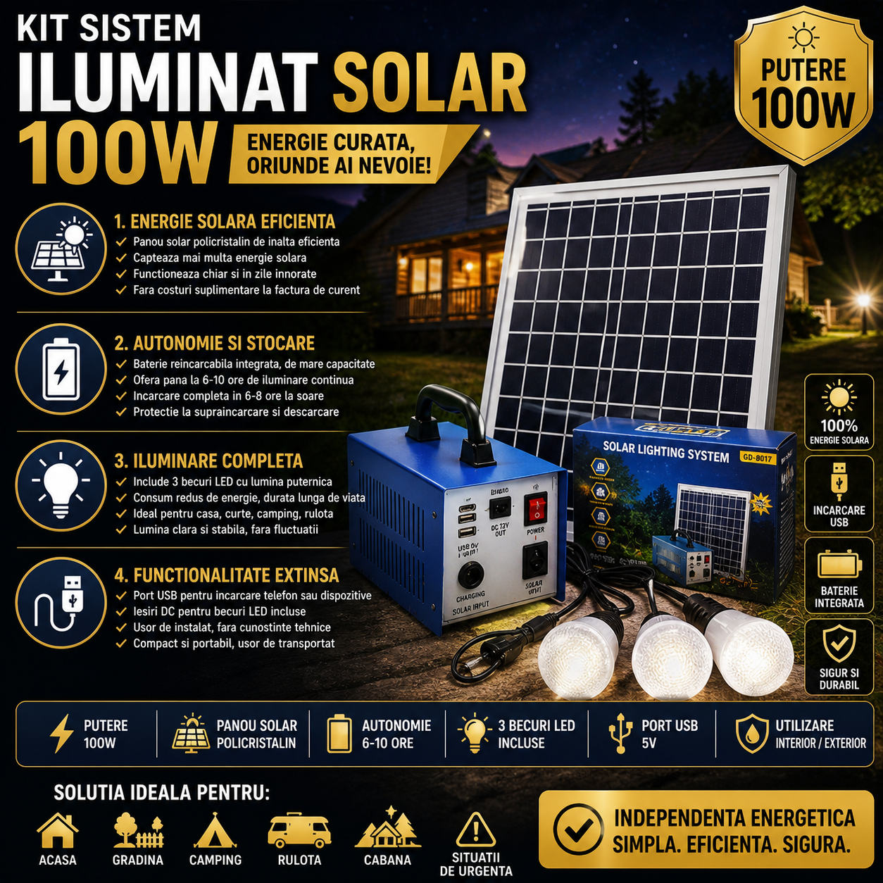 Kit cu panou solar, 100 W, 220V, alimentare TV, 3 becuri, 12 volti