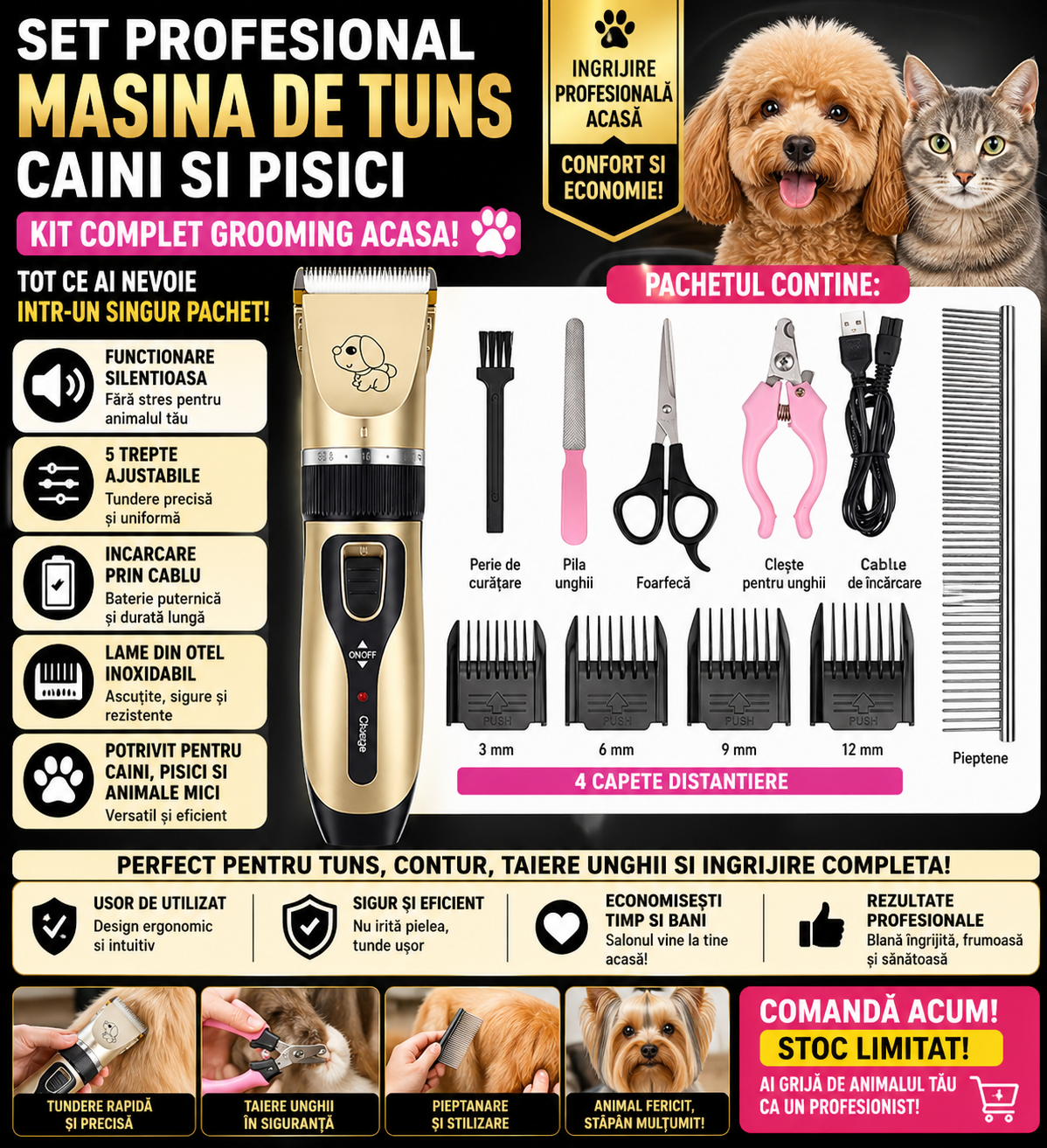 Set Profesional Masina de Tuns Caini si Pisici, 5 Trepte Ajustabile, Functionare Silentioasa, Incarcare prin Cablu, Accesorii Complete cu Foarfece si Piepteni Inclusi