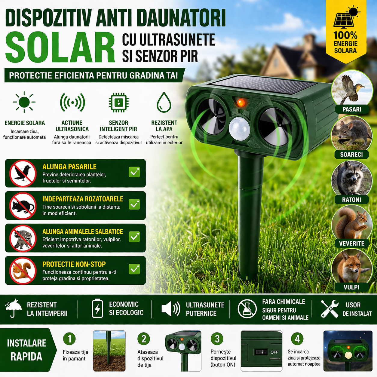 Aparat solar impotriva daunatorilor solar animal repeller ultrasunete