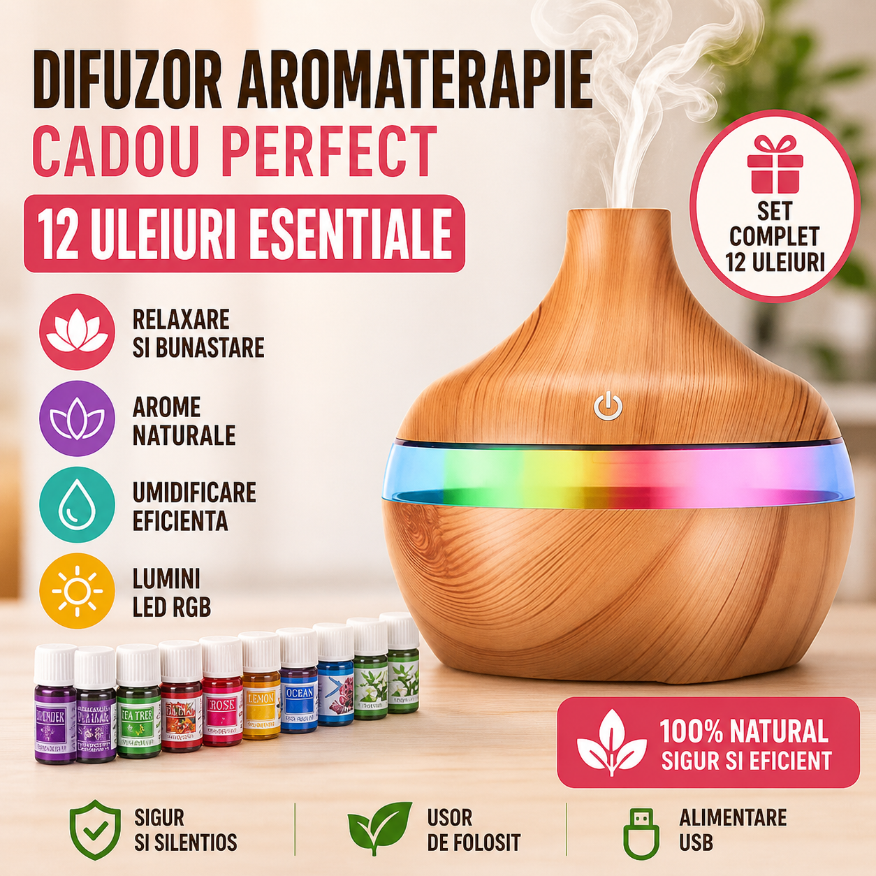 Difuzor de aromaterapie + Cadou 12 uleiuri esentiale