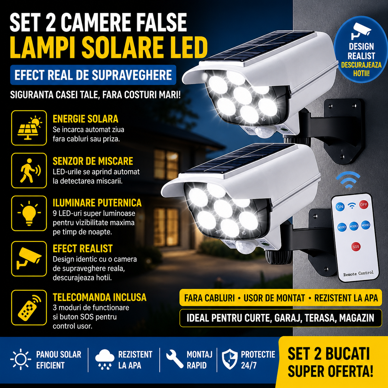 Set 2 x Lampi Solare Exterior Tip Camera Falsa cu 77 LED-uri, Senzor de Miscare si Amurg, 3 Moduri de Iluminare, Telecomanda, IP65